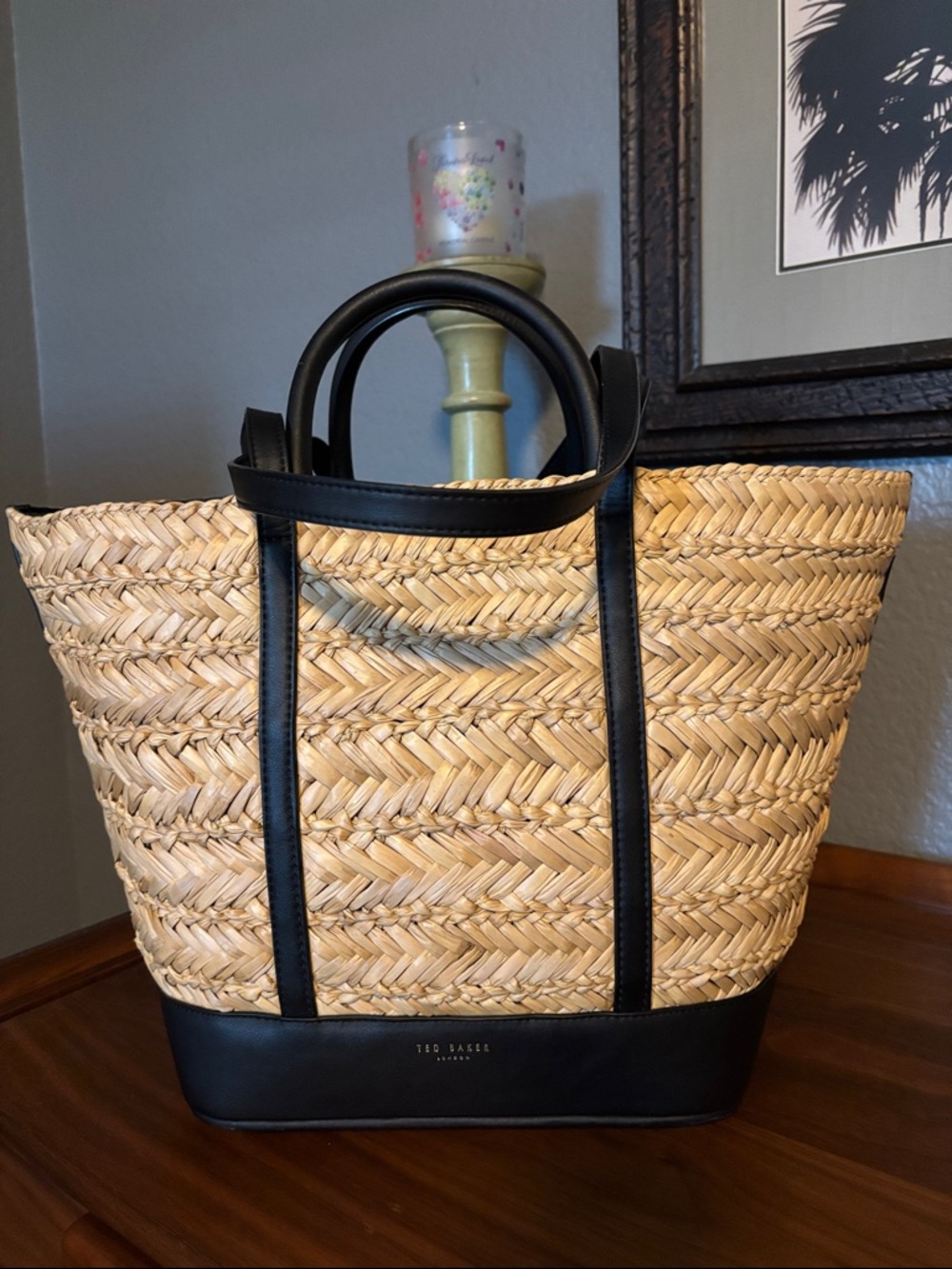Ted Baker Natural Straw Tote with Black Trim
